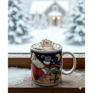 Susan Winget Christmas Mug - Santa in Sleigh w/ Gift Inside - Holiday Coffee Cup
